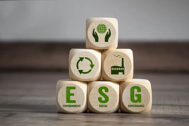 A imagem mostra blocos de madeira empilhados com os símbolos de ESG estampados neles.